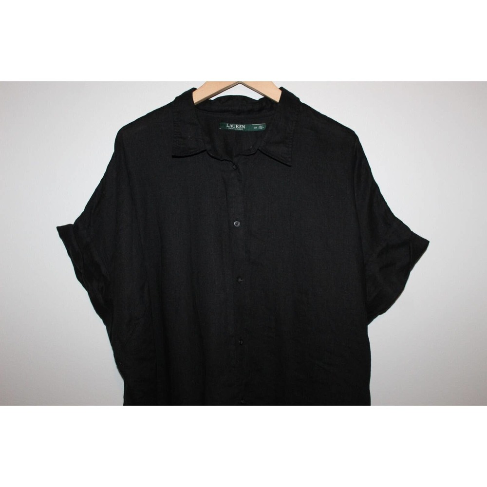 Lauren Ralph Lauren Linen Short Sleeve Button Up Shirt Black Plus Size 3X H13997 - Picture 3 of 9